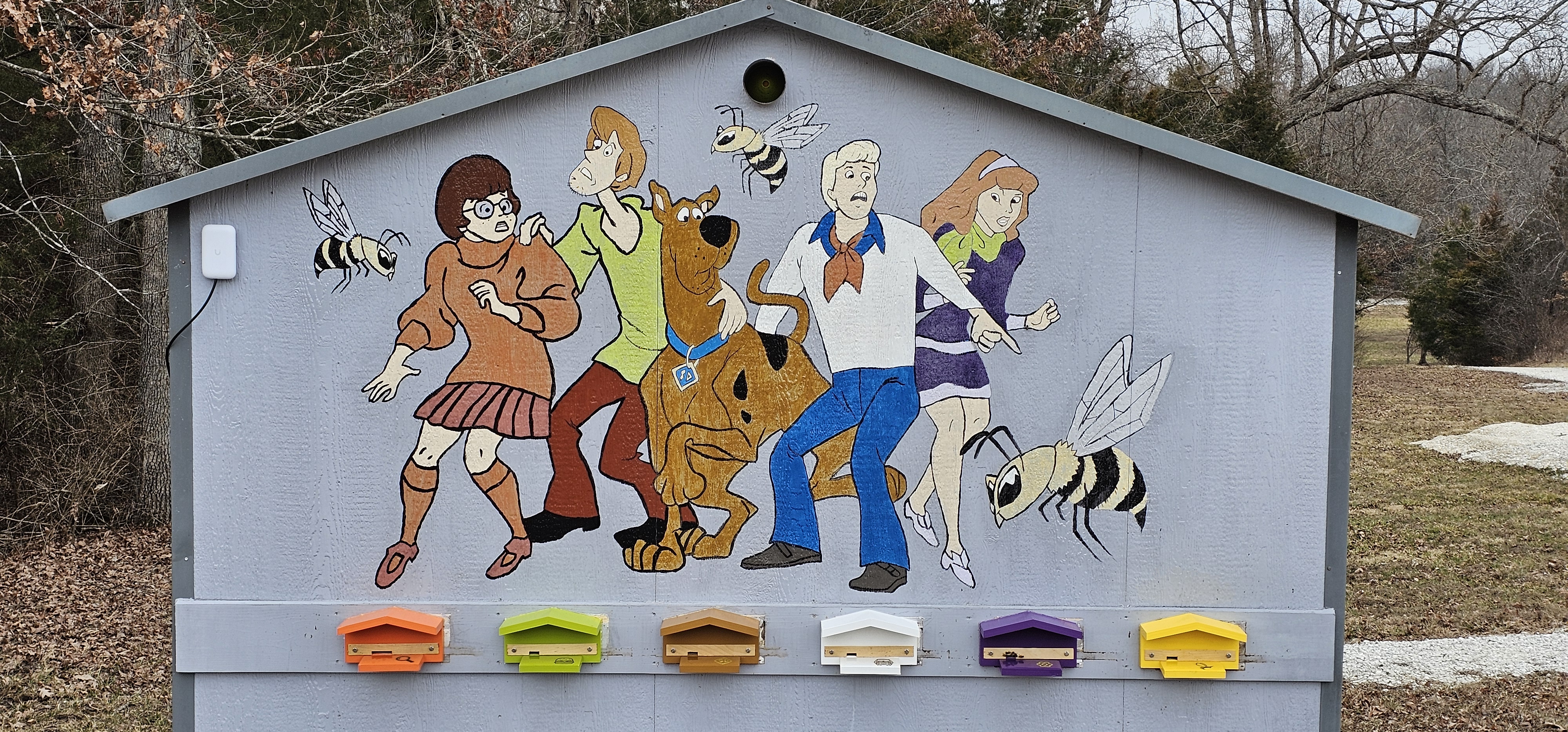The Bee Shed exterior with Scooby-Doo gang mural